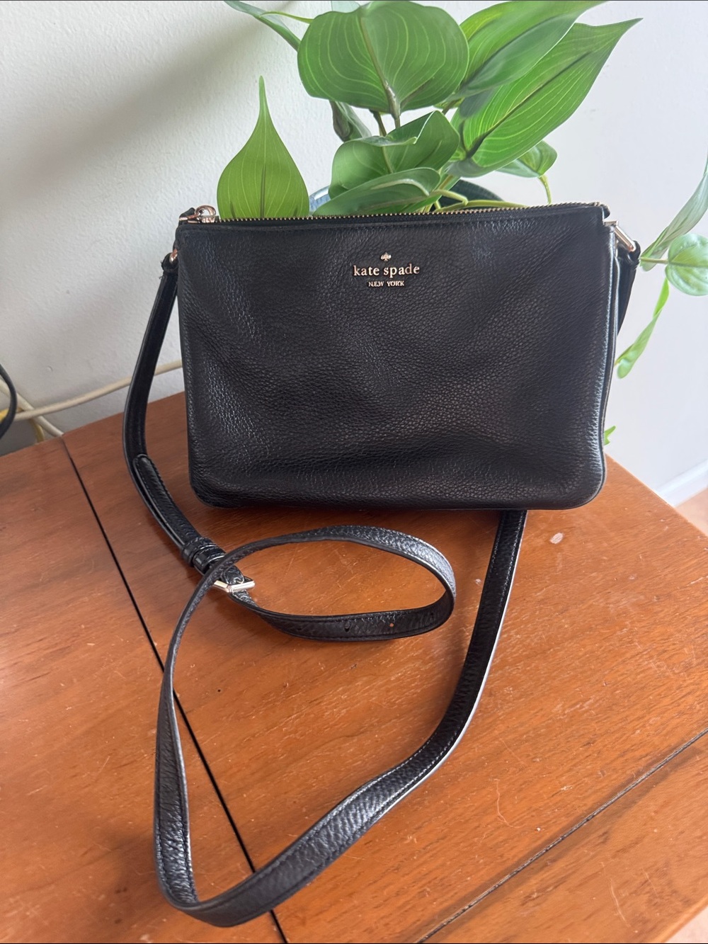 kate spade Black Pebbled Leather Crossbody Bag with Gold Logo
